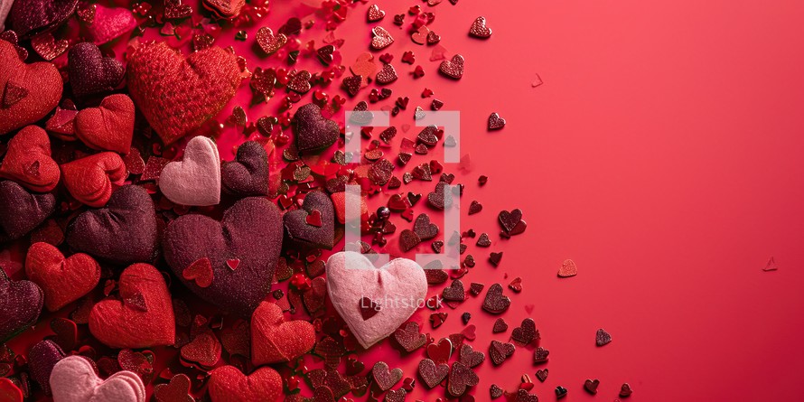Valentine's day background with red hearts and confetti on red background
