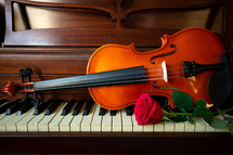 violin and rose on a piano 
