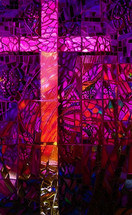 bright pink orange cross on dark background, glass mosaic style vertical format artwork