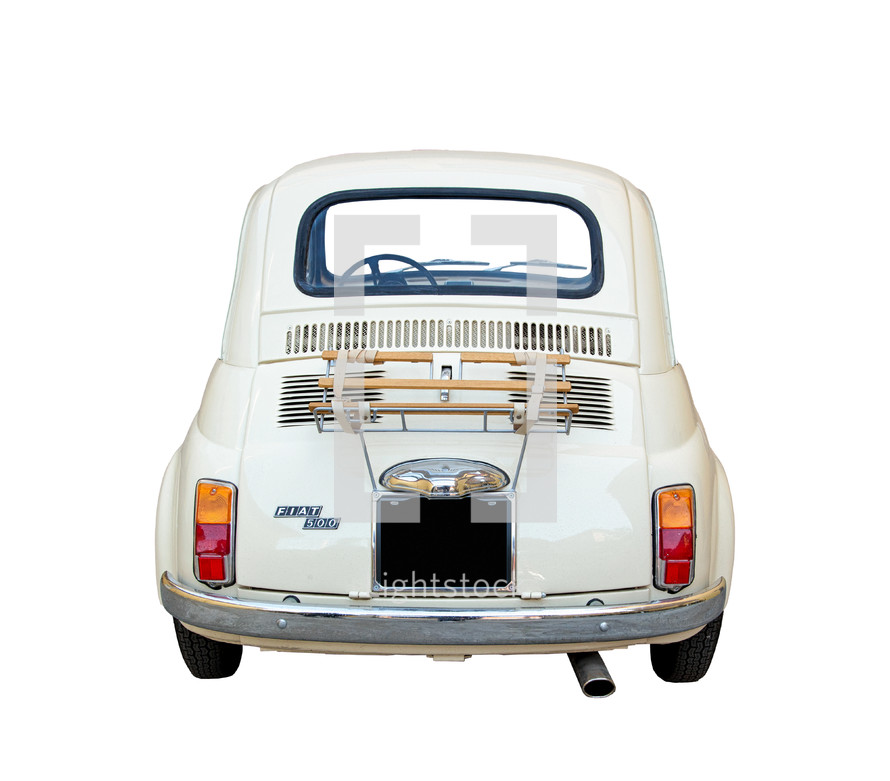 Florence, Italy - January 12, 2012: Classic Ceam coloured Fiat 500 motor car. Rear view with customizable rear window and windshield.
