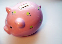 The Top side view of a pink piggy bank decorated with blue and green flowers against a solid white background enticing children to save money for college, buying a house or saving for the future.  