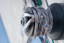 Rope on a sailboat on the ocean. 