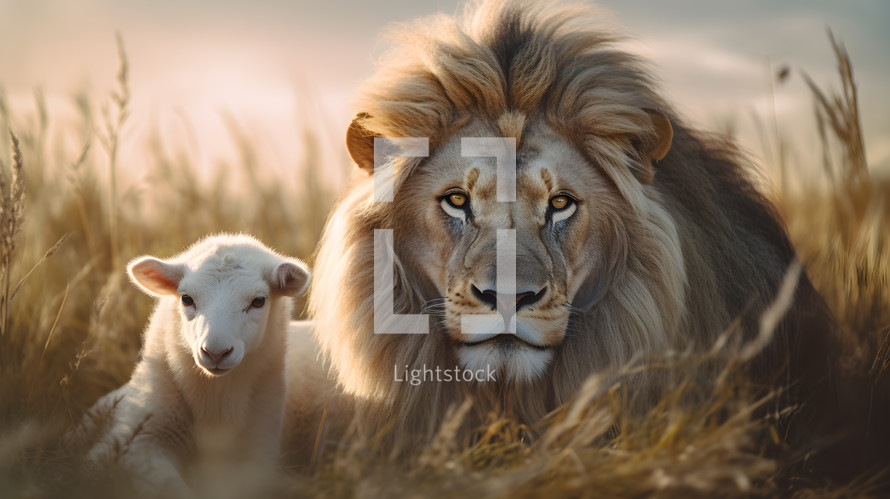 Lion and a lamb in a field of wheat