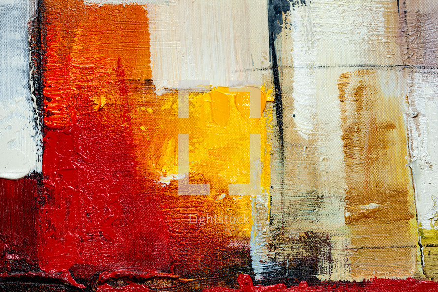Abstract detail of acrylic paints on canvas. Relief artistic background in gold, red, black and silver color.