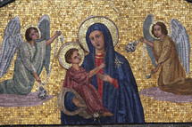 Mosaic tile nativity scene with Mary, Baby Jesus and Angels in adoration
