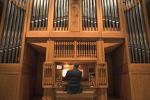 man playing an organ and organ pipes 