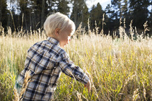 toddler boy walking in a field of tall grasses 
