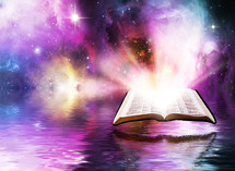 glowing light from the pages of a Bible with a celestial background