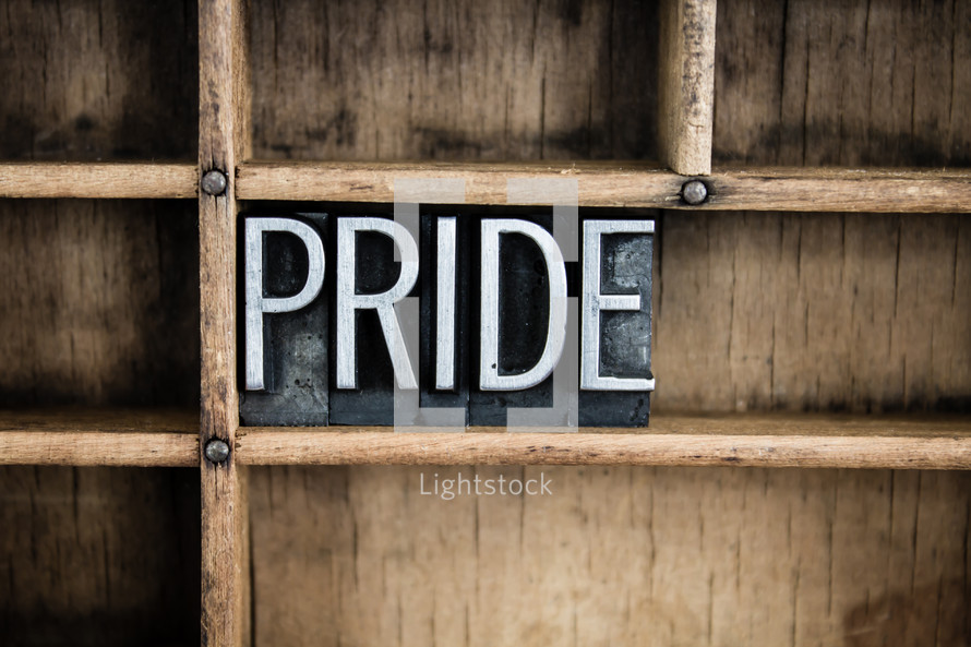 word pride in blocks on a bookshelf 