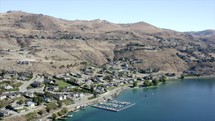 aerial view over a lake marina 