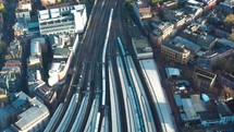 Aerial drone shot of London Waterloo train station.
