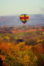 Hot air balloon over village of Kinderhook, New York, Autumn