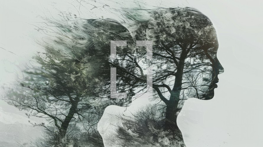 Environmental awareness. Double exposure portrait of two women in profile and trees in the background.