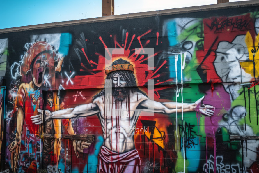 A graffiti wall depicting Jesus dying on the cross for our sins.
