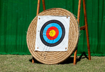 View of archery targets with arrows sticking in a competition.