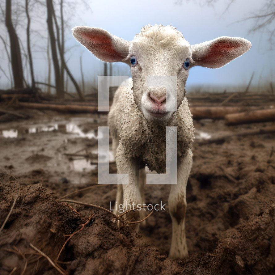 Scared lamb lost in the forest in a muddy swamp on a rainy day. Biblical symbol