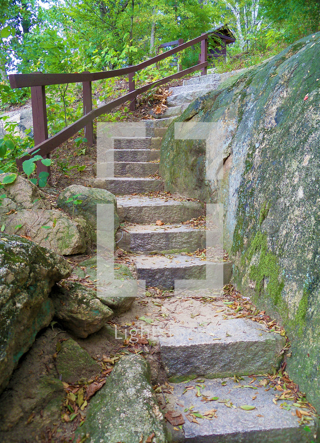 A path covered in stone steps outdoors along a narrow wooded passageway along the James River in Richmond, Virginia. 