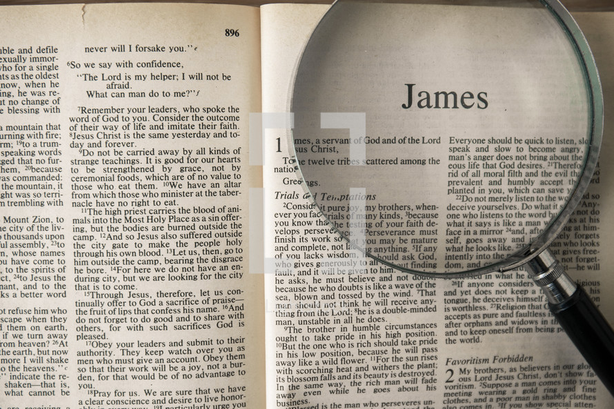 magnifying glass over Bible - James 