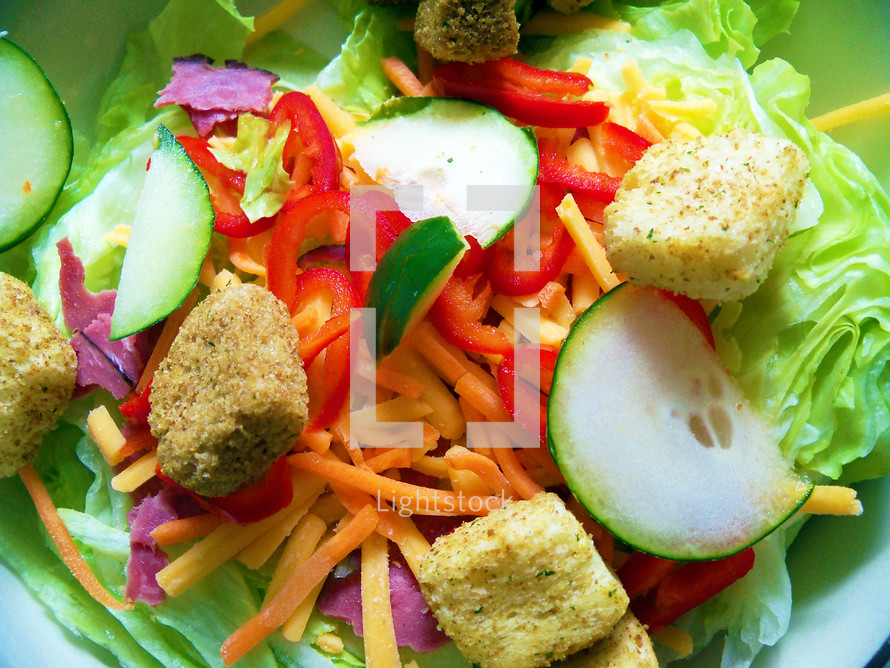 A healthy salad made out of green lettuce, cucumbers, Orange Carrots, Cheddar Cheese and Croutons  for a healthy, delicious salad filled with vitamins to feed the body. If we all treated food as medicine, we would not be so sick or riddled with diabetes, cancer, weight problems, high blood pressure and other ailments brought on by malnutrition and eating the wrong types of food.