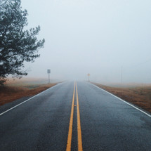 center lines on a road and fog 