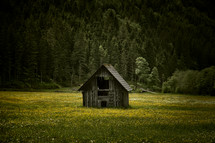 an old shed in a mountain valley