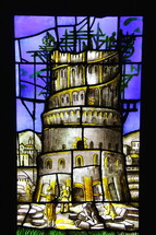 stained glass window, tower of Babel 