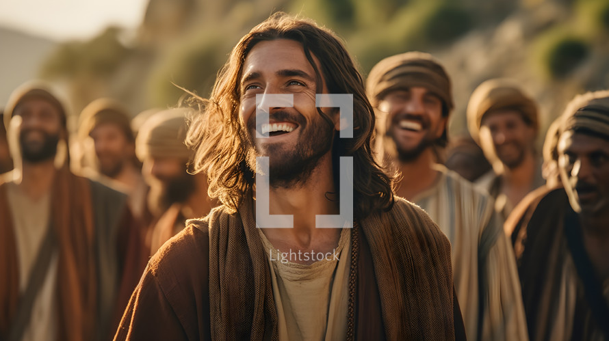 Jesus laughing with his disciples .
