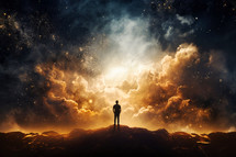 Faith. Heavenly background. Silhouette of a man standing on the top of a mountain and looking to the heavens