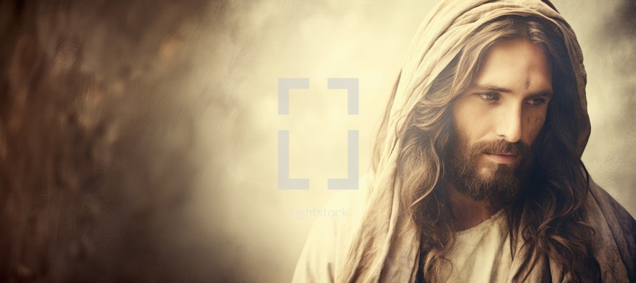 Portrait of Jesus Christ in the dark over grunge background with copy space