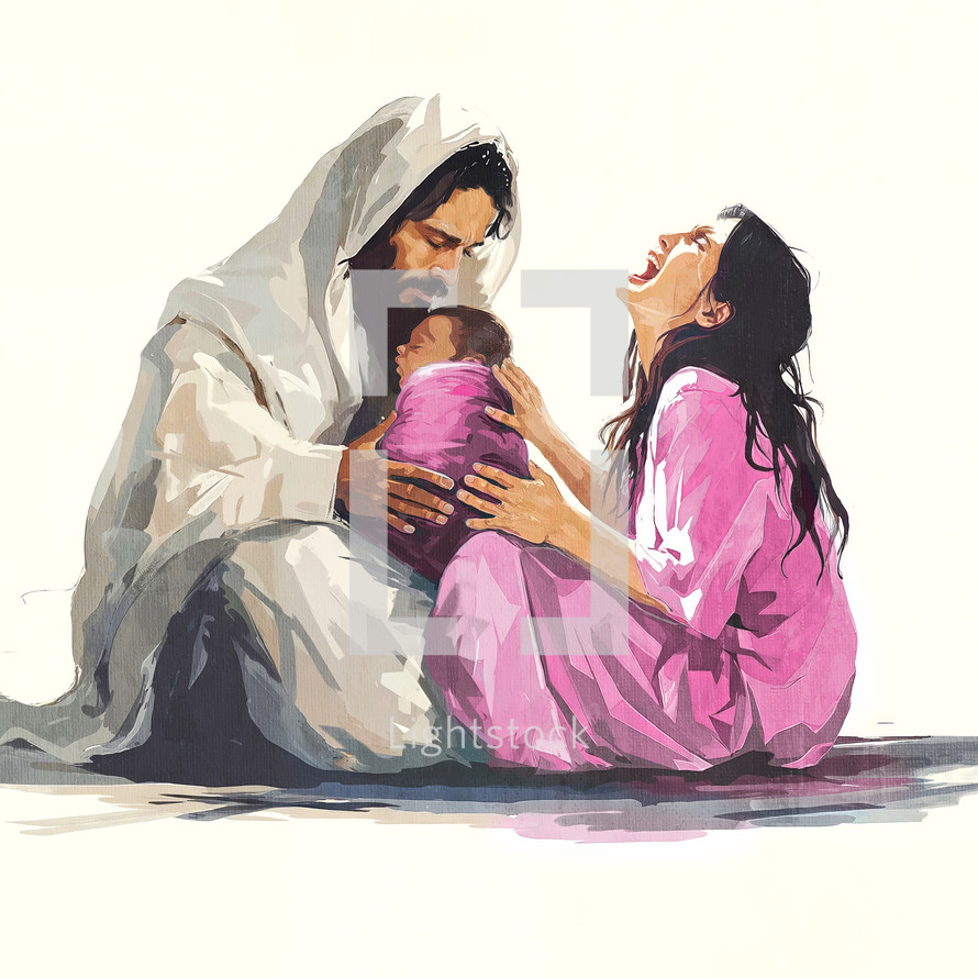 A mother gives her child to Jesus.