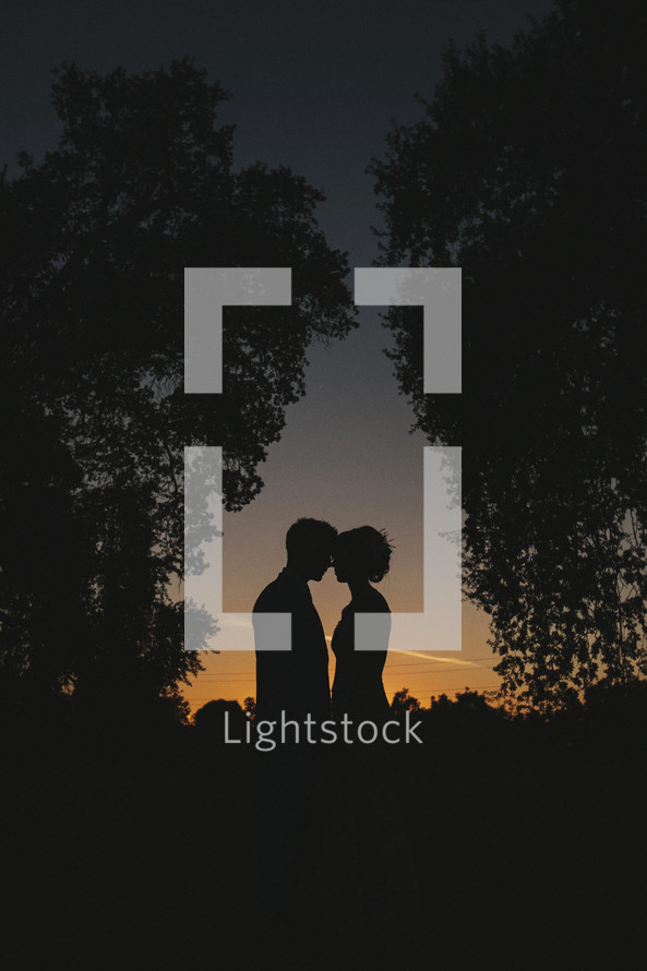 silhouette of a bride and groom kissing at sunset