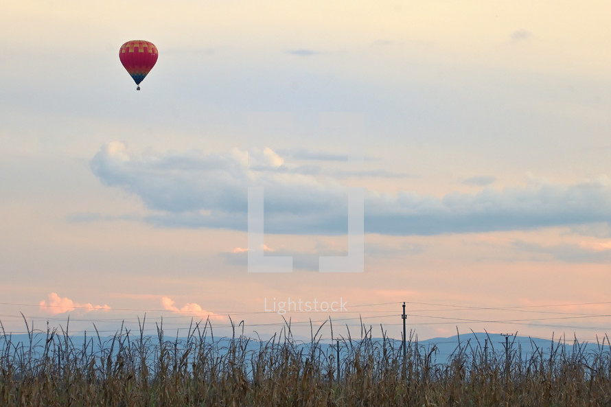 hot air balloon over a field and power lines 
