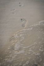 footprints in the sand leading from the ocean