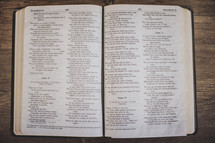 An open bible on wood
