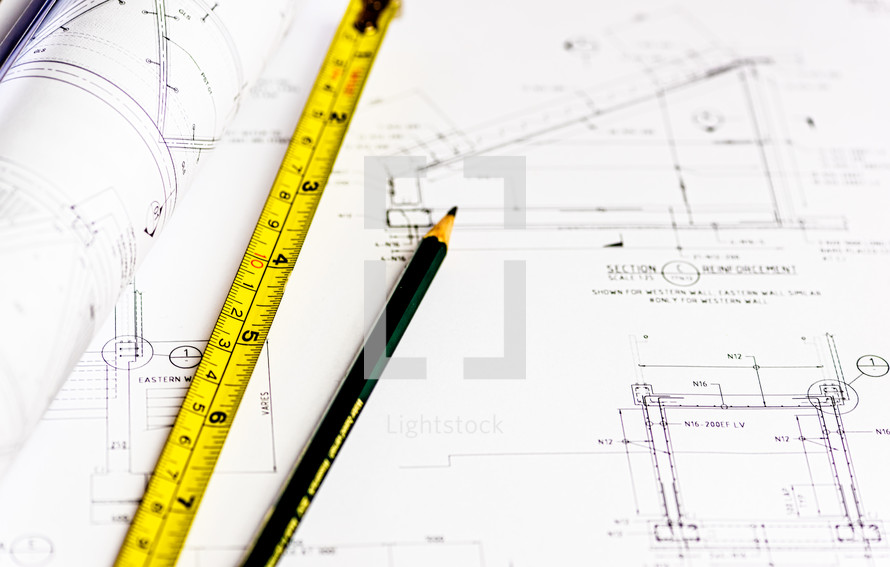 tape measure, blueprints, building project, pencil 