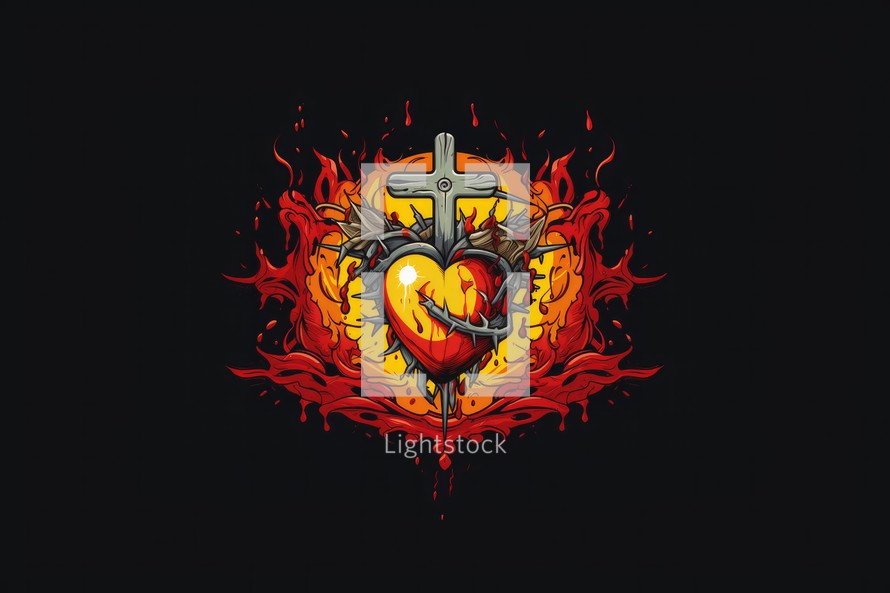 The Sacred Heart, a crown of thorns in the shape of a heart on fire background