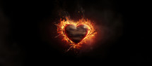 The Sacred Heart, a burning heart on a black background with copy space