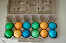 dyed Easter eggs in an egg carton 