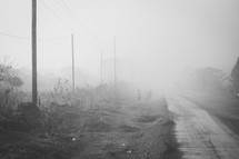 fog and a dirt road 