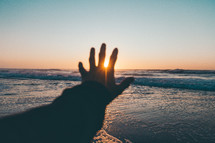 a hand reaching for the sun along a coast 