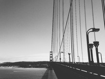 Black and white photo of the Golden Gate Bridge.