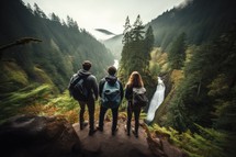 Group of friends with backpacks looking at a waterfall in the forest