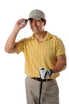 Golfer in golfing attire with club and golf ball.