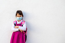 Little angry school girl waiting for school to reopen after pandemic outbreak