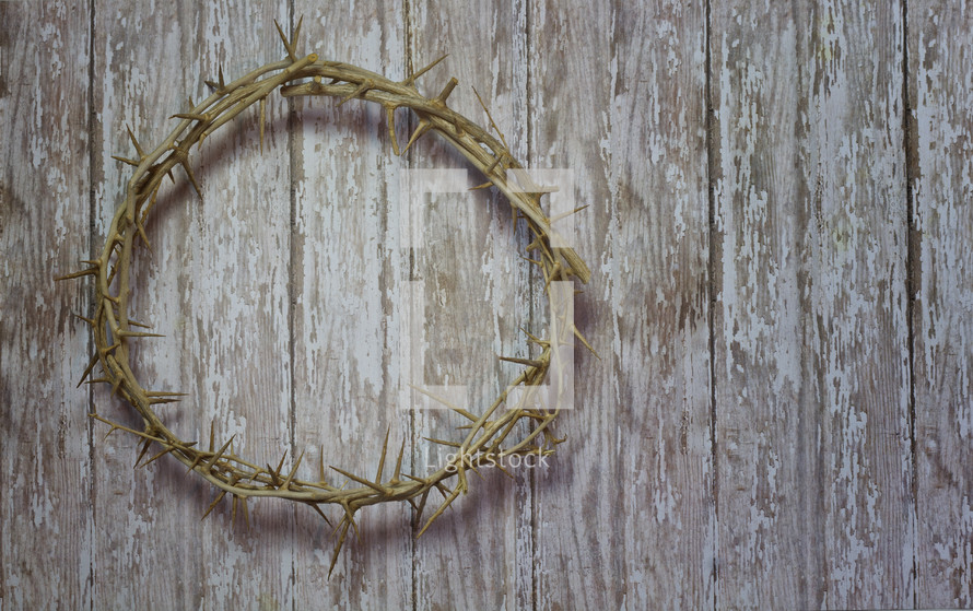 Crown of thorns on wood background 