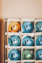 vintage Christmas ornaments in a box