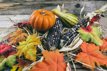 fall leaves, corn, pumpkins, and gourds 