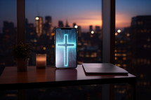 Cross icon on smart phone screen at night. Religion concept. 3D rendering.