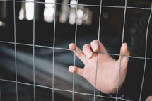 A woman's hand grasps a wire fence.