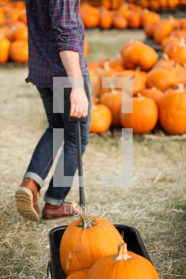 a man pulling a wagon full of pumpkins 